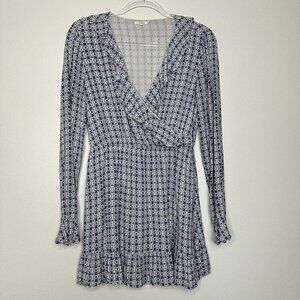 Tularosa x Revolve Ruffle Mini Dress Blue White Size S Surplice Long Sleeve